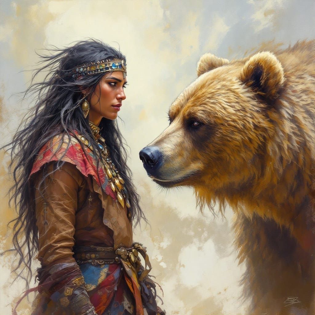 Native American Shaman and Grizzly in Acrylic Style
