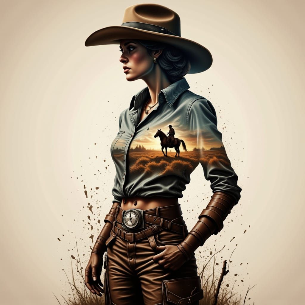 Graffiti Double Exposure: Cowgirl Over Silhouette