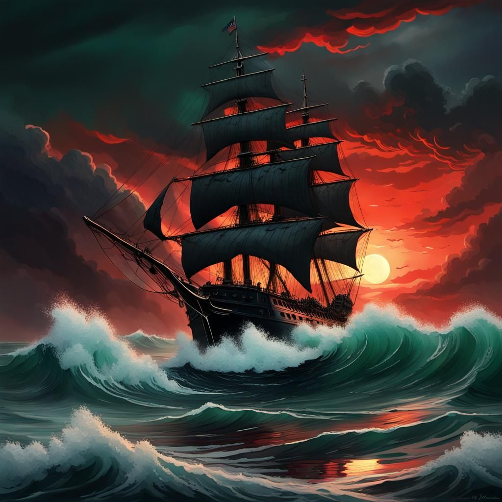 Ghost Ship in Stormy Sunset, Romanticism Style