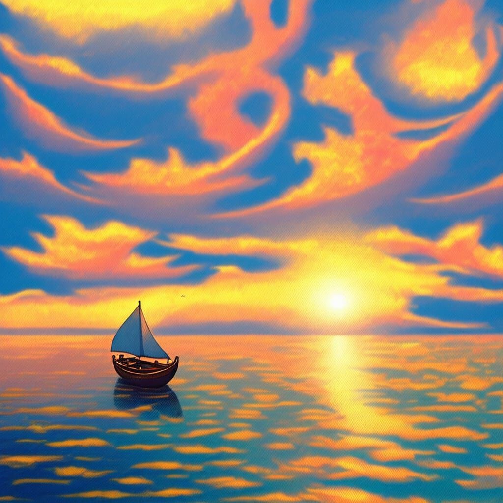 Serene Boat on Fiery Sunset Ocean
