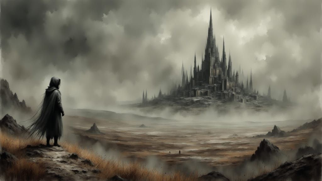 Hooded Figure Gazing at Ruined City in Matte Painting