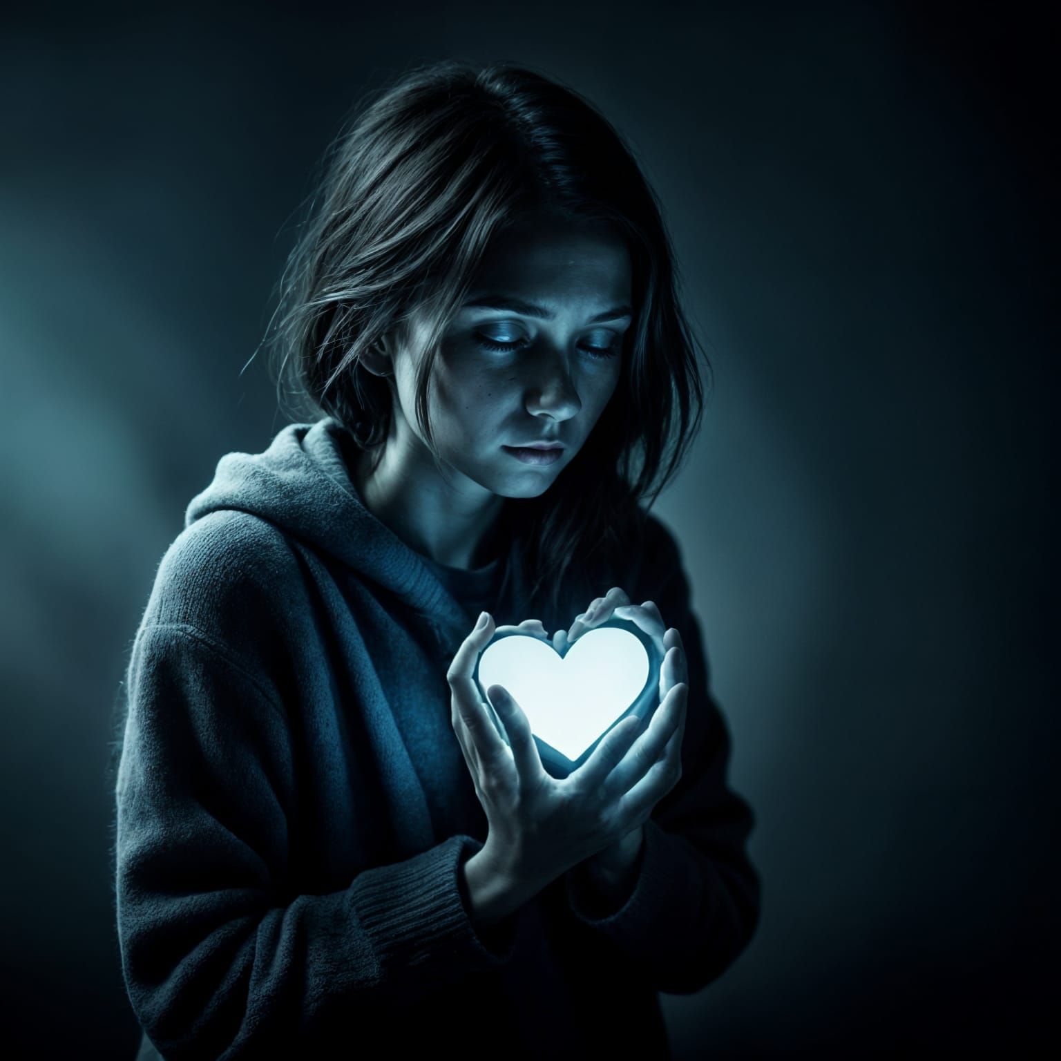 Depressed Woman with Illuminated Heart