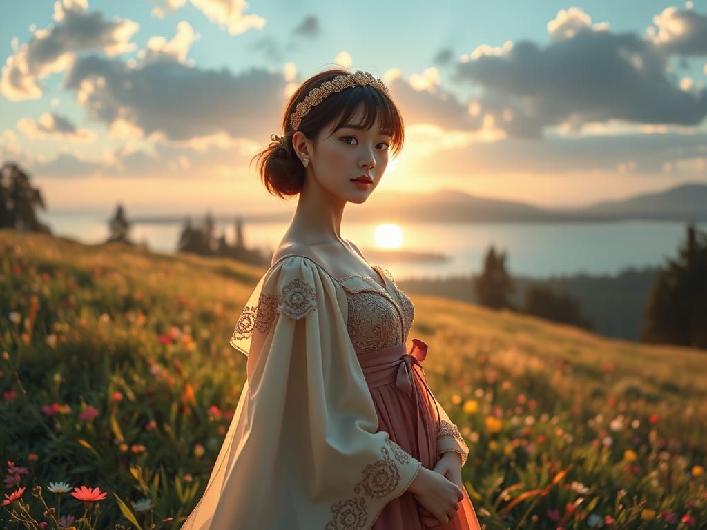 Hyper-Realistic Anime Goddess in Vibrant Dreamlike Landscape