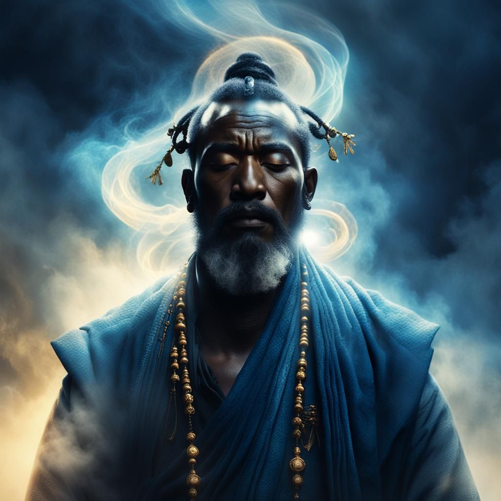 Dreamlike Matte Painting of Meditating Man in Mist