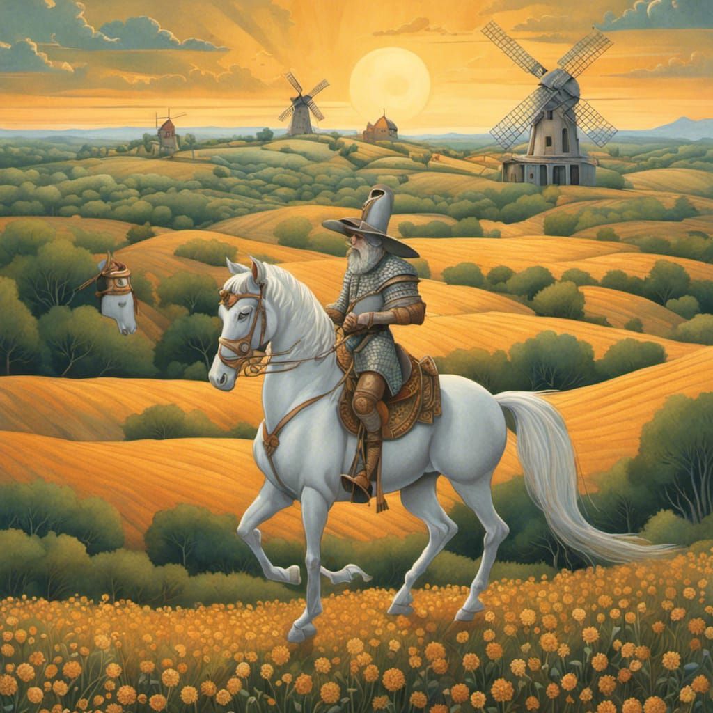 Don Quixote and Windmill: Storybook Illustration