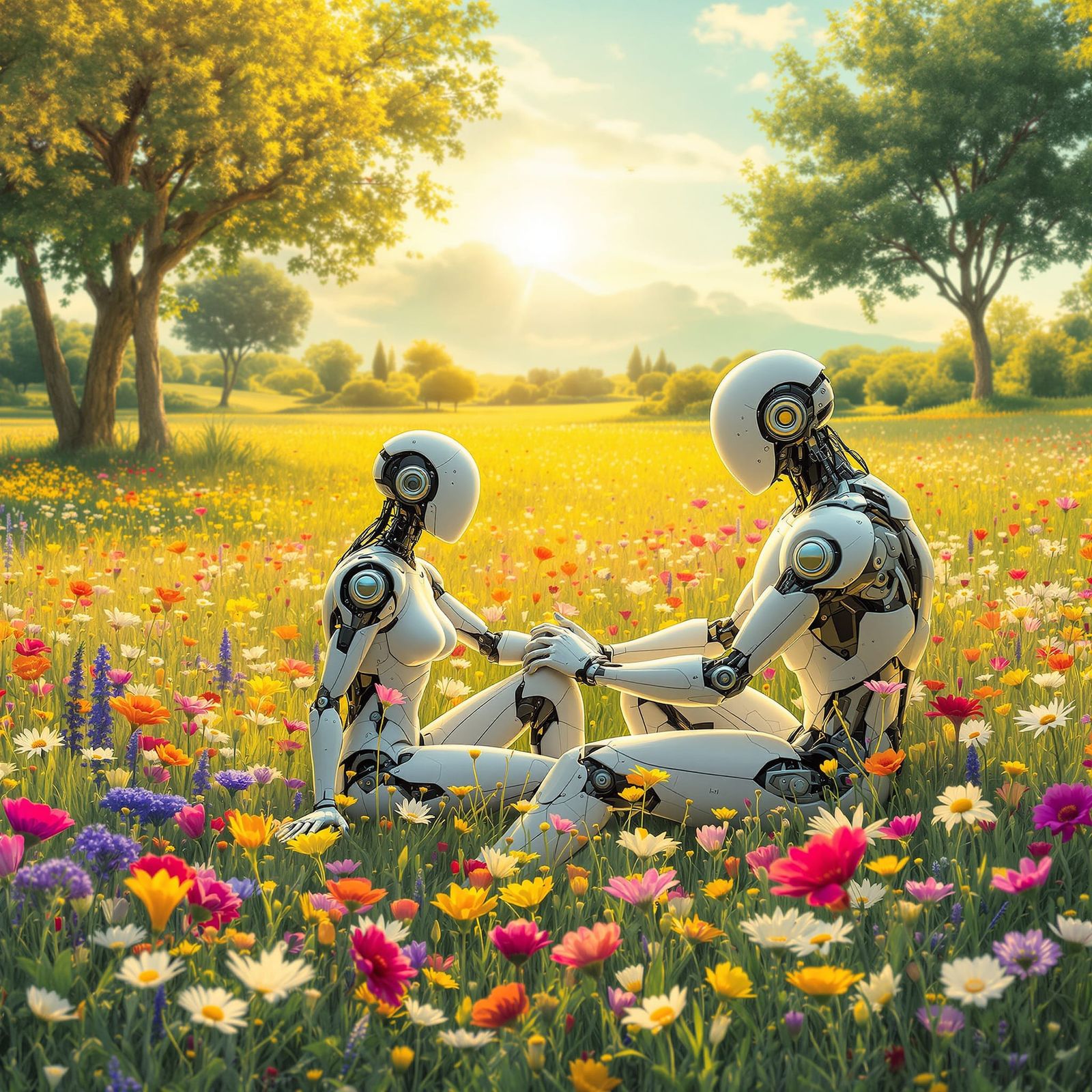 Cyborg Couple Relax in Flower Field on Beautiful Day