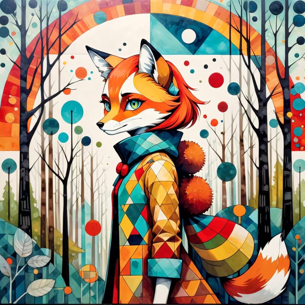 Naïve Encaustic Painting of Brer Fox in Forest