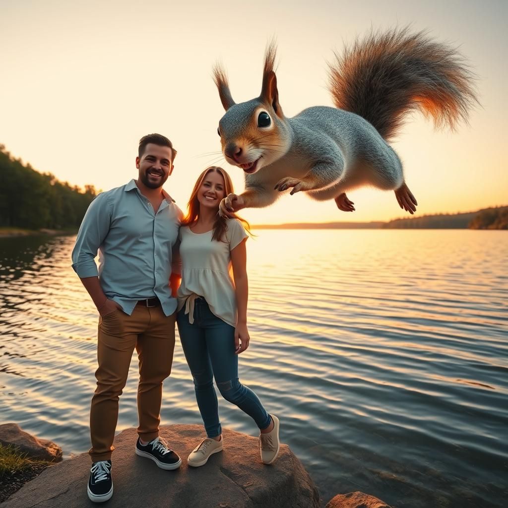 Playful Squirrel Photobombs Sunset Lake Scene