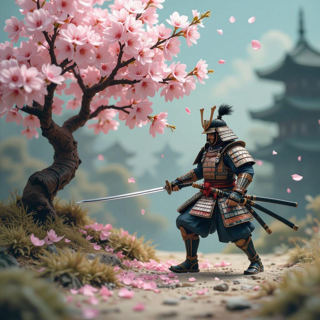 Samurai Warrior and Cherry Blossom Diorama in Digital Art