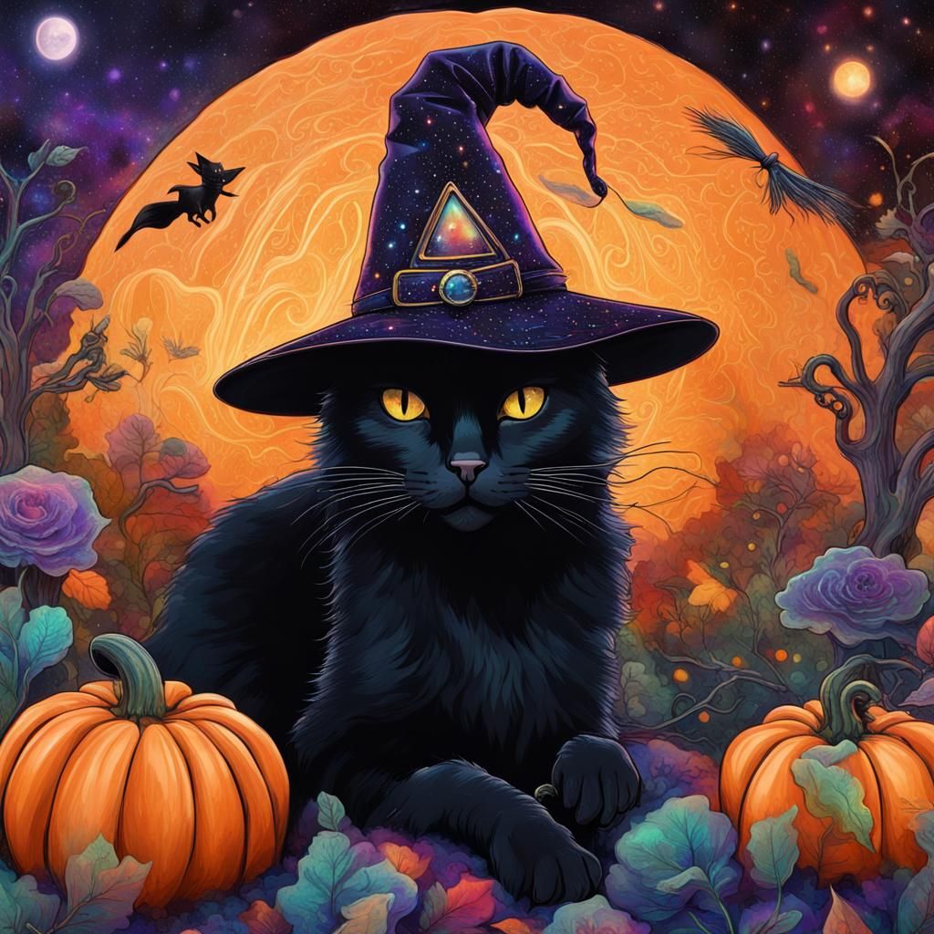 Black Cat with Witch Hat in Pumpkin Patch