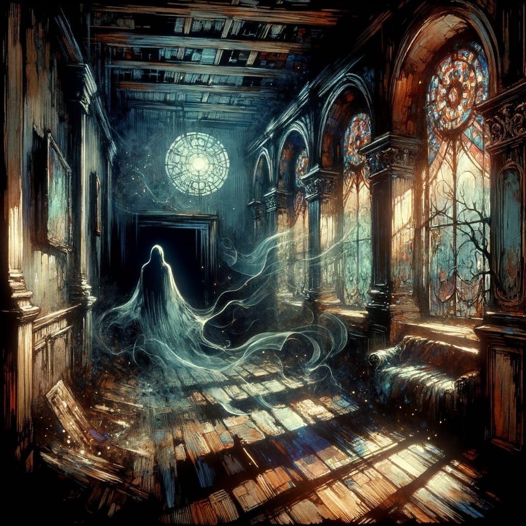 Ghostly Figure in Victorian Mansion, German Expressionist St...