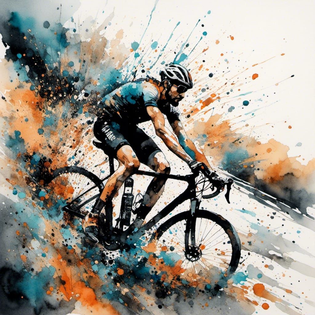 Exhausted Cyclist Ascending Hill in Ink Painting