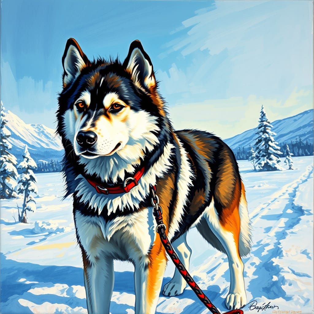 Majestic Husky in Snowy Landscape, Gouache Style