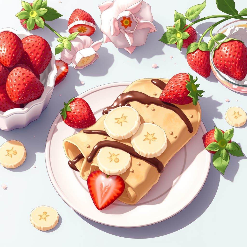 Strawberry Banana Nutella Crepes in Anime Style
