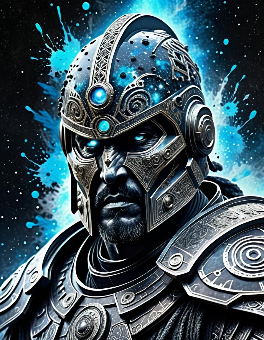 Ancient Space Warrior Portrait in Ink Splatter Art
