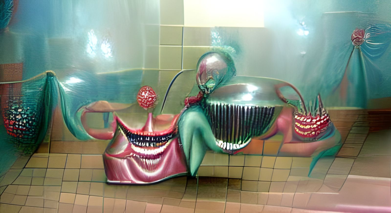 Mermaid Lounging with Clown Teapot: Oil Painting