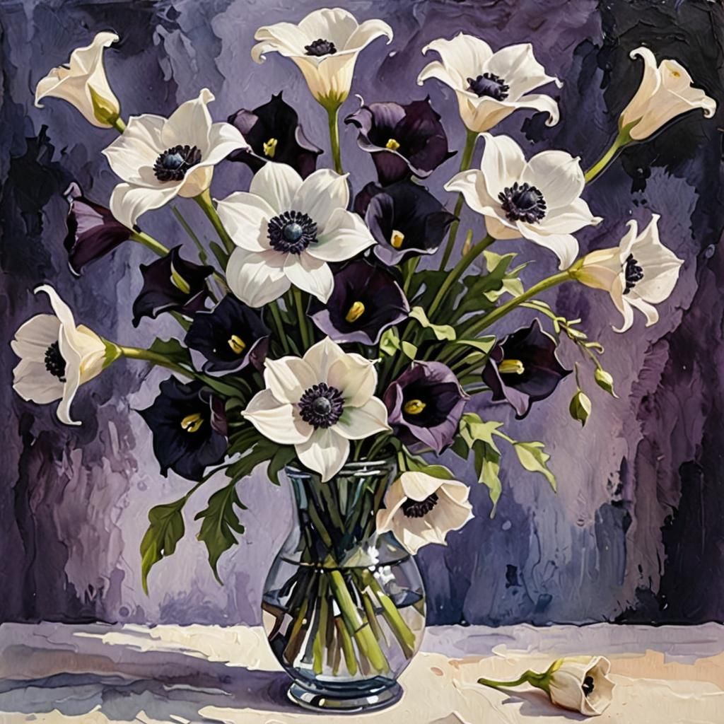 Floral Still Life: Anemones and Lilies in Gouache Style