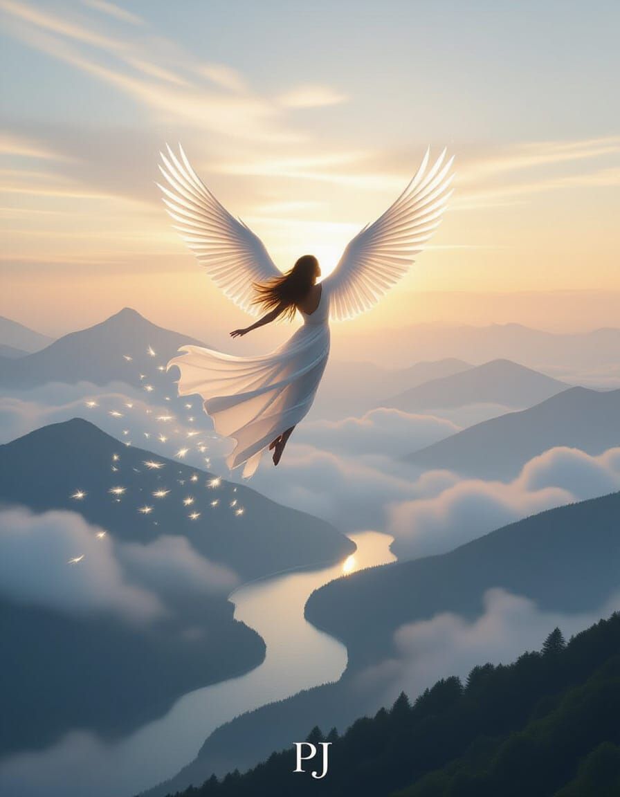 Girl Becomes Bird of Light Soaring Over Misty Mountains