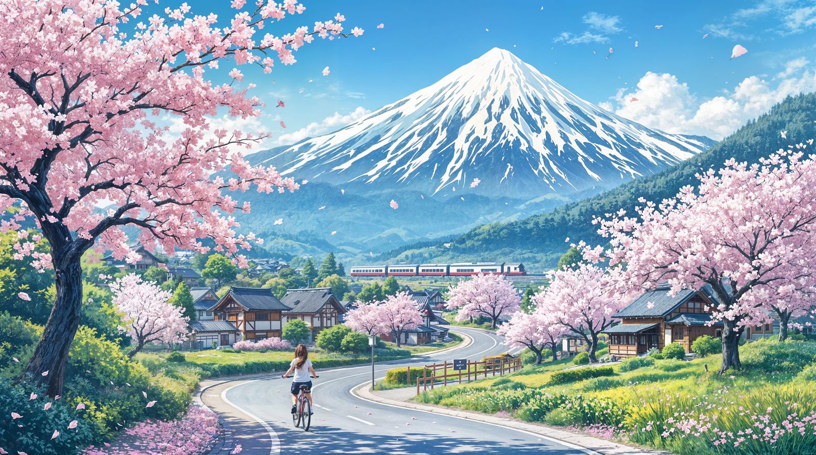 Impressionistic Village Departure under Cherry Blossoms