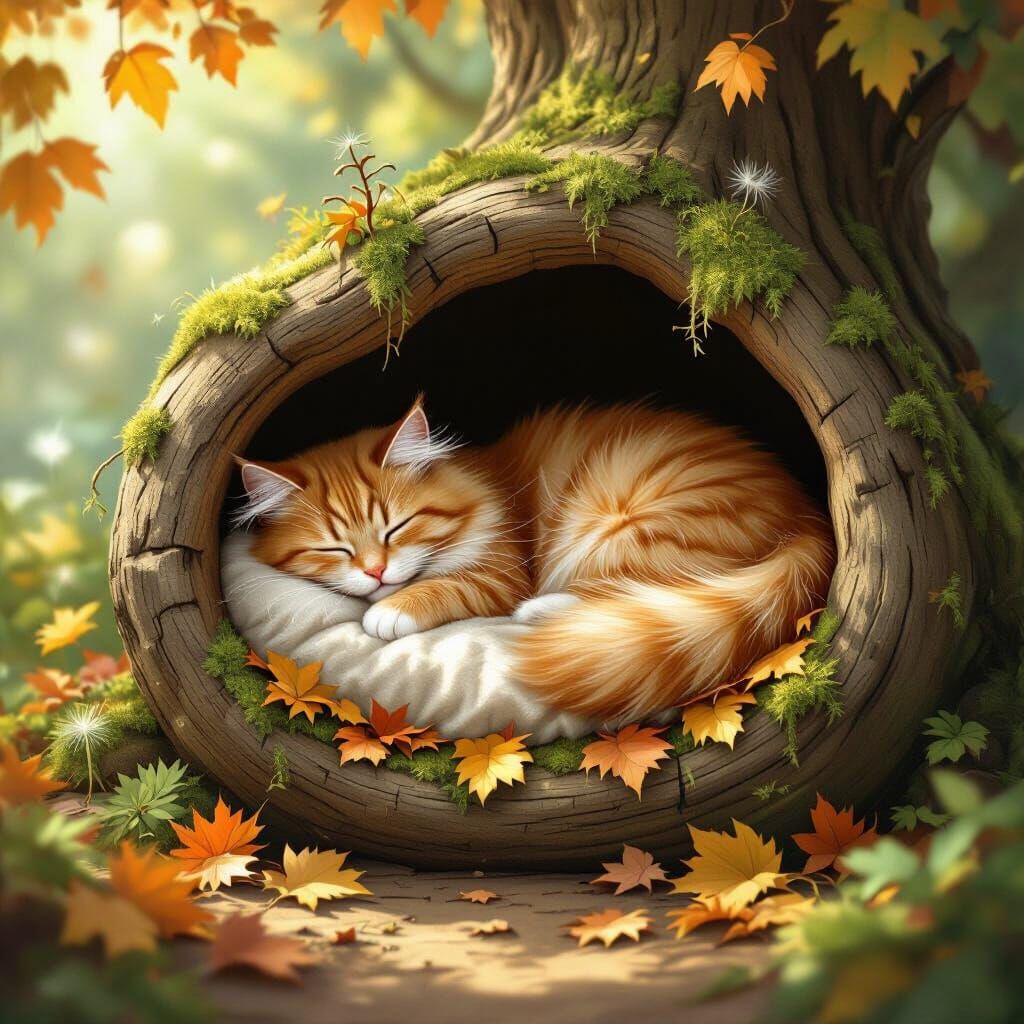 Fluffy Cat Sleeps in Whimsical Log Bed