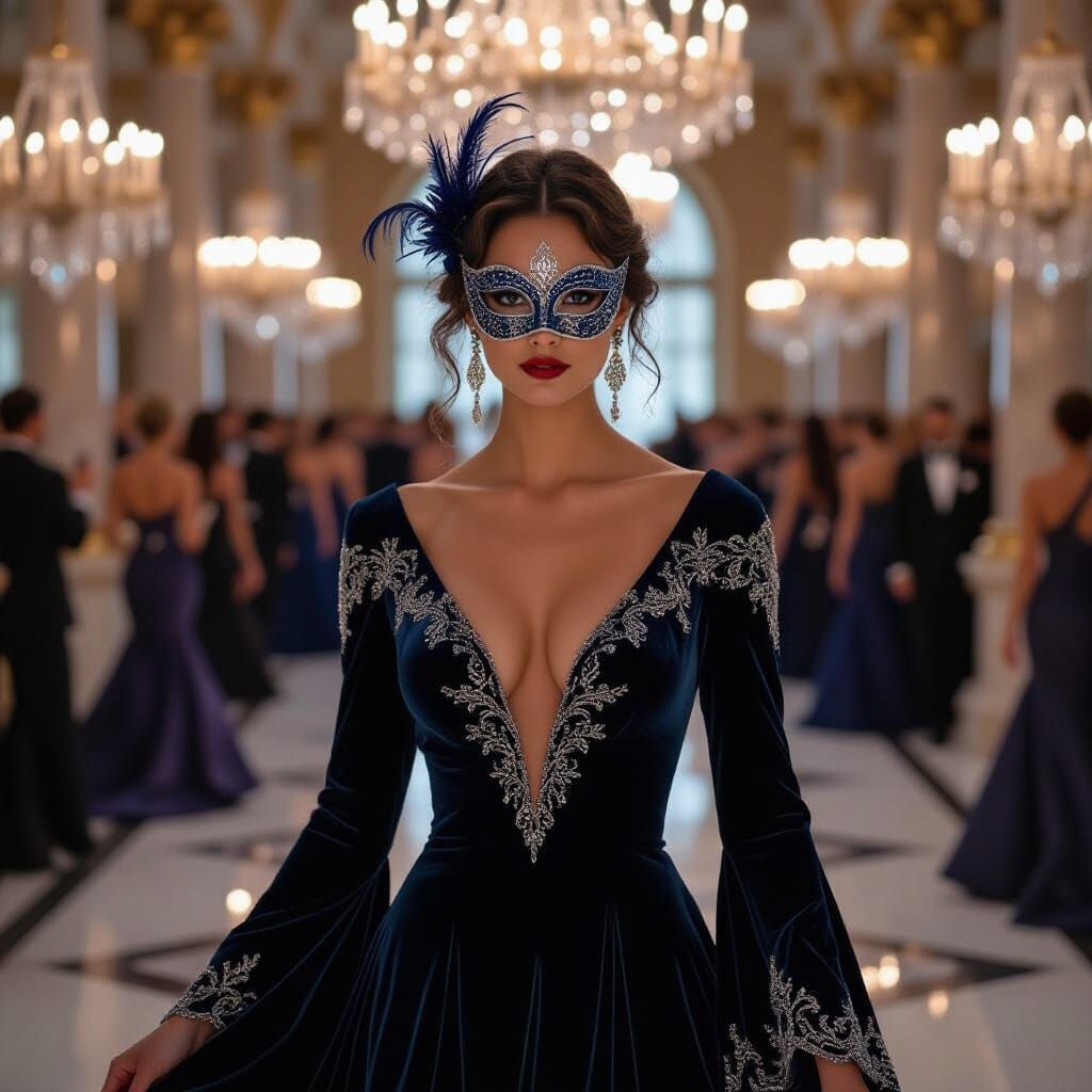 Masked Woman in Sapphire Gown, Art Nouveau Style