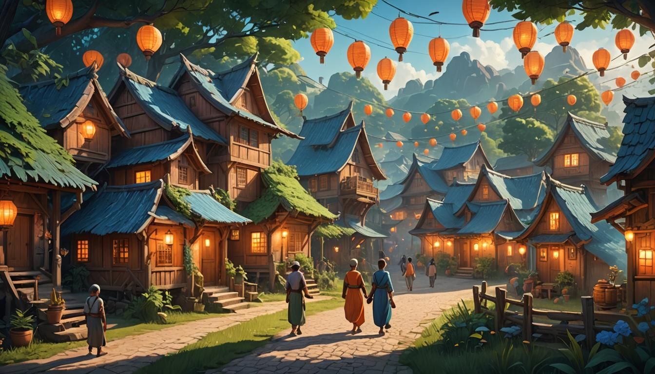 Lively Village Scene in Vibrant Fantasy Style