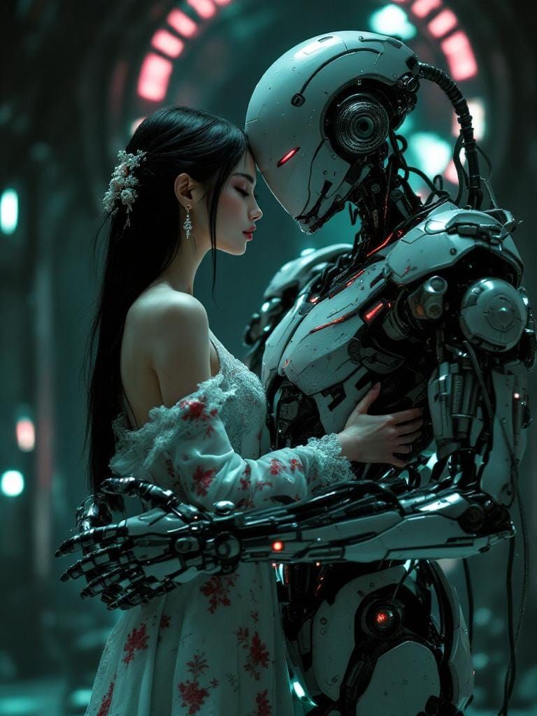 Serene Woman Embraced by Robot in Biomechanical Sci-Fi Style