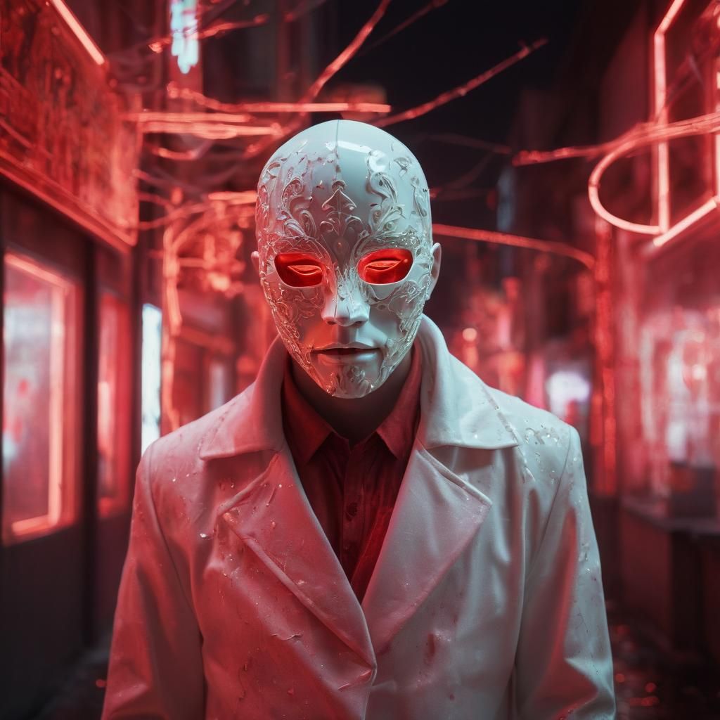 Surreal Porcelain Man in Red Neon Cityscape