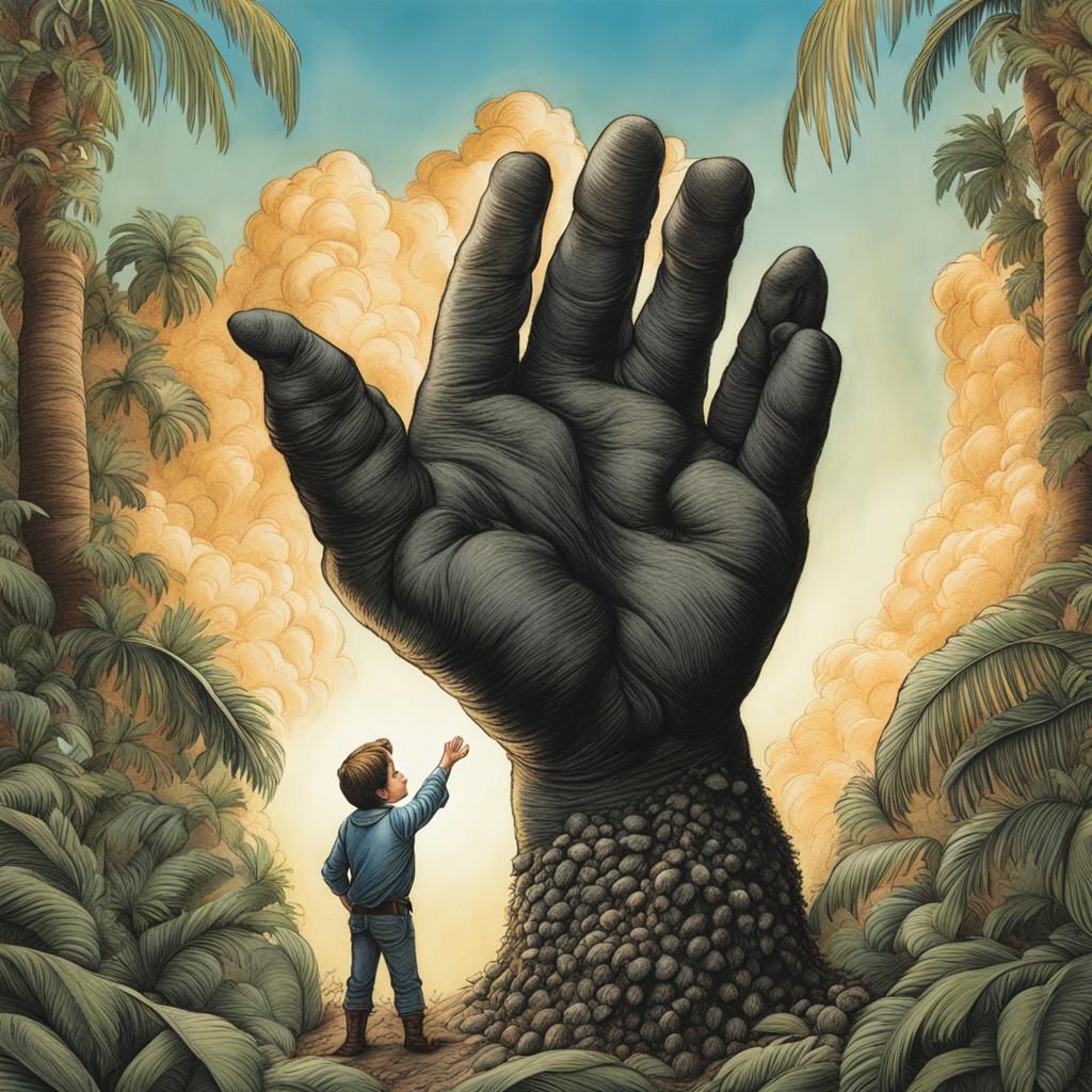 Tom Thumb standing in the palm of a giant's hand