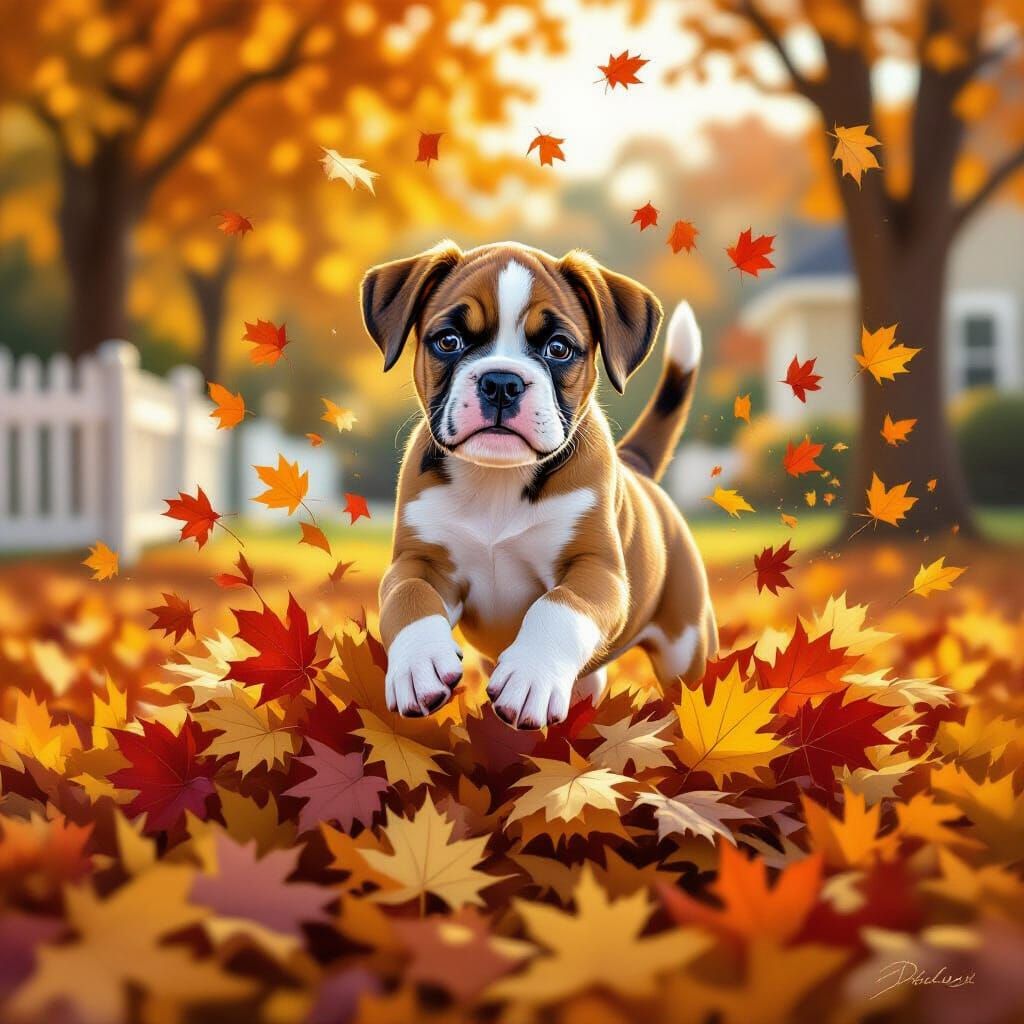 Joyful Boxer Puppy Leaping in Autumn Leaves Oil Painting