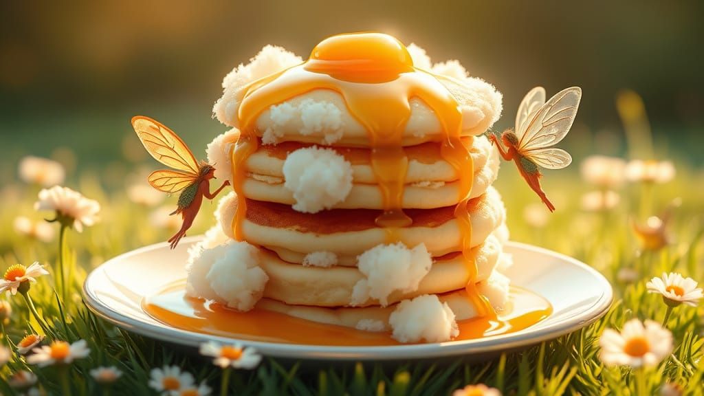 Cloud Pancakes with Golden Honey in Meadow
