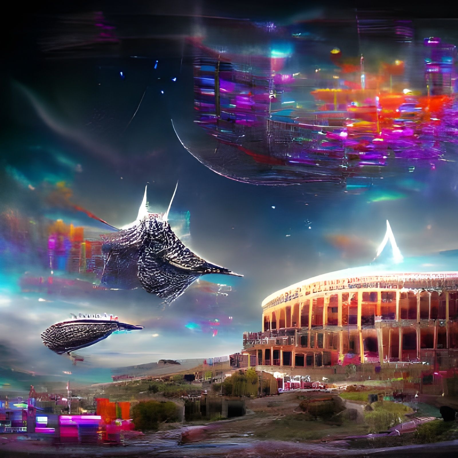 Coliseum Spaceship Over City: Astral Cosmic Illustration