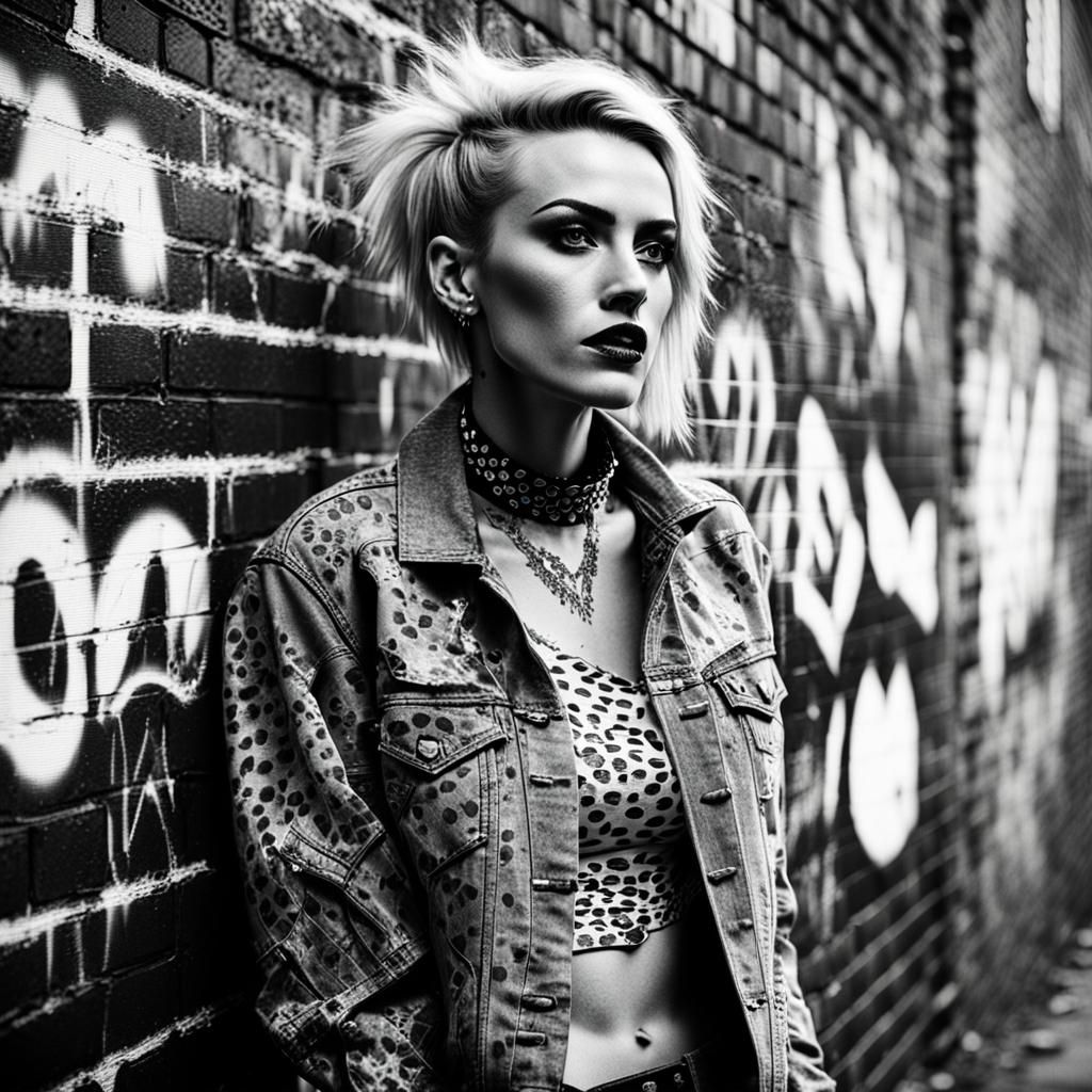 British Punk Girl in Black and White Photo