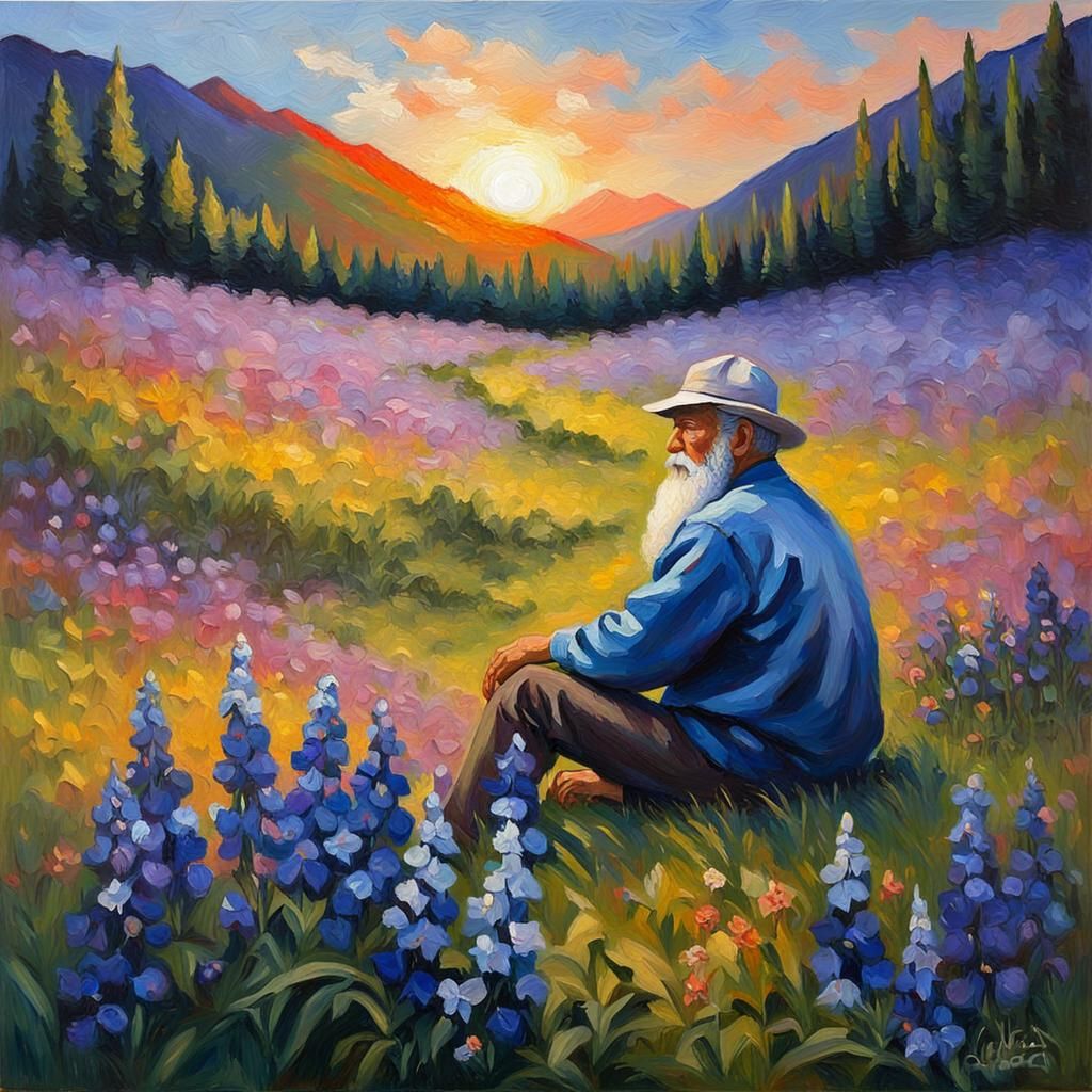 Shepherd in Meadow: Neo-Impressionist Oil Painting