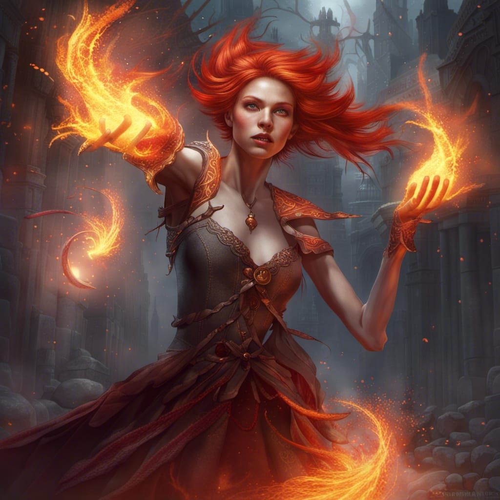 Red-Haired Elf Mage Dancing in Flames: Fantasy Art