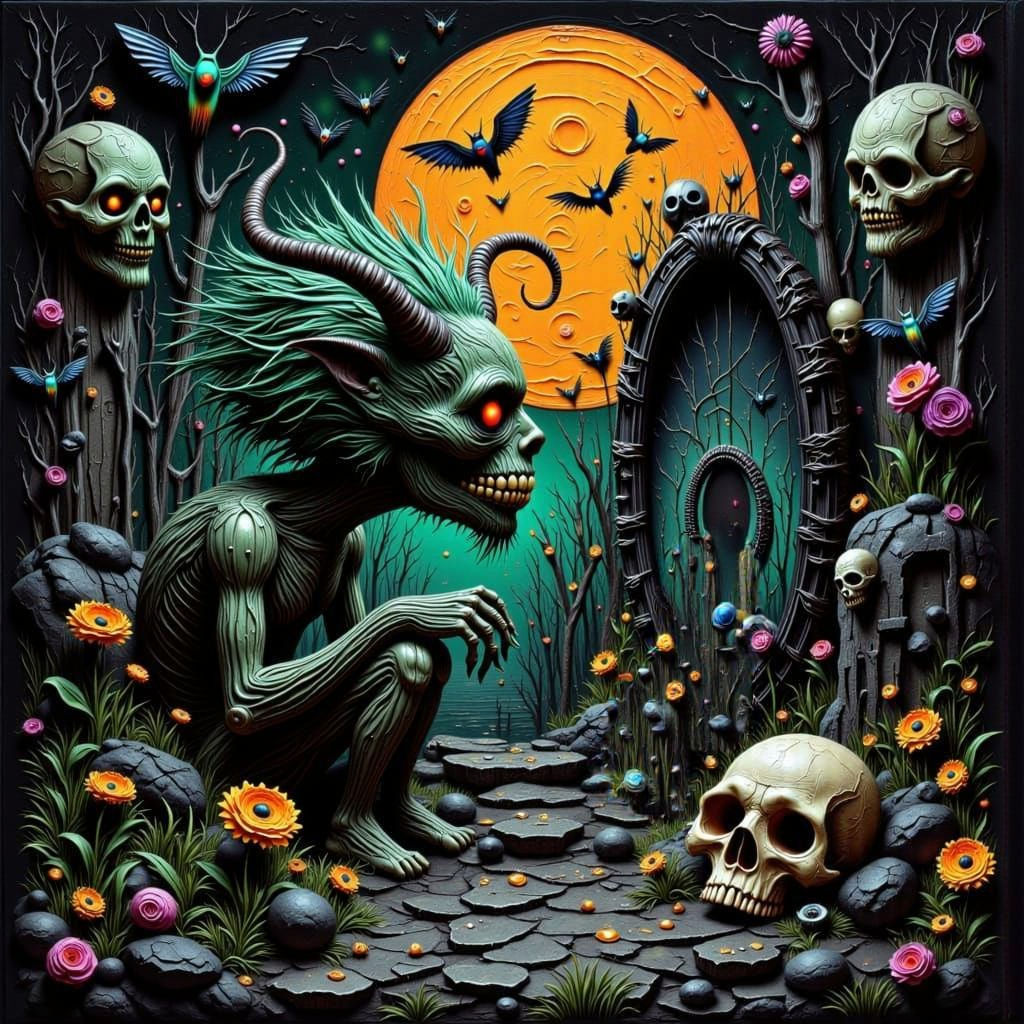 Ethereal Demon Skull Gazes into Shattered Mirror