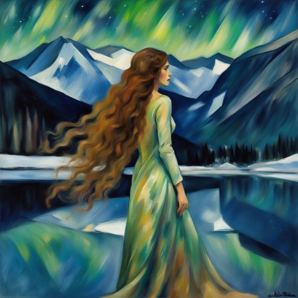 Woman by Frozen Lake with Aurora: Impressionistic Style