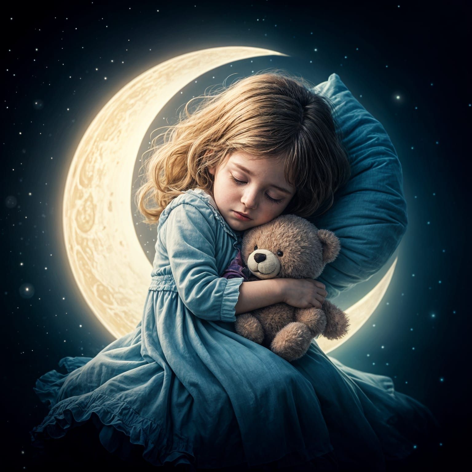 Girl Slumbers Under Vibrant Moonlit Sky