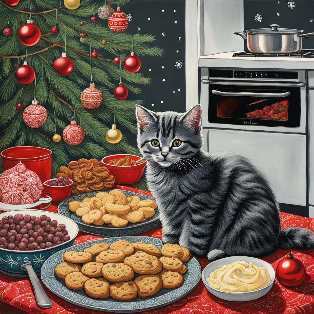 Cozy Christmas Kitchen with Happy Kitten