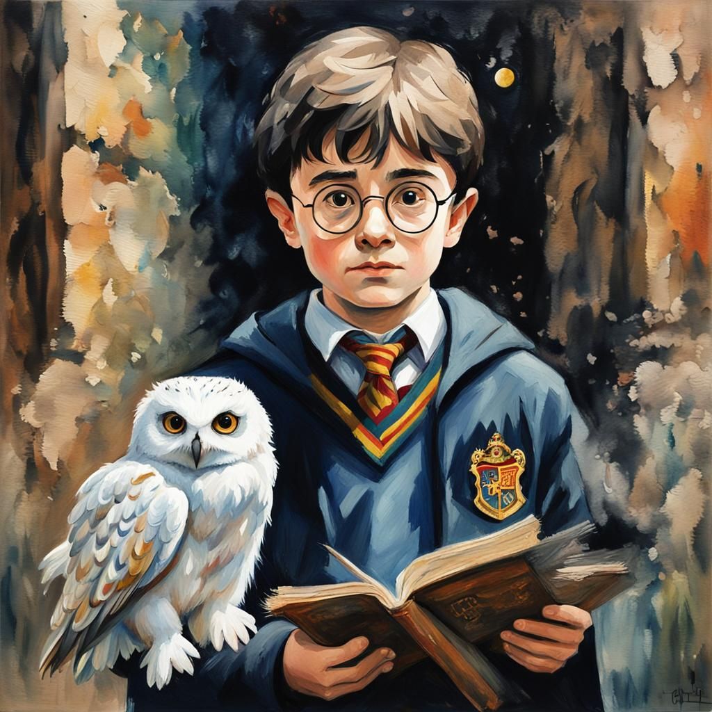 Harry Potter and Hedwig in Gouache Style