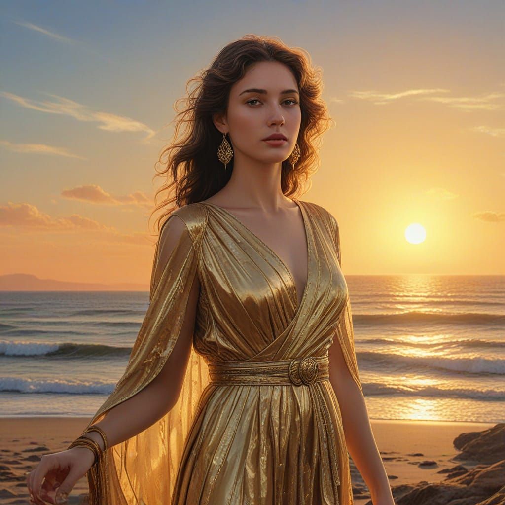 Noble Woman in Sunrise, Hyperrealistic Digital Painting