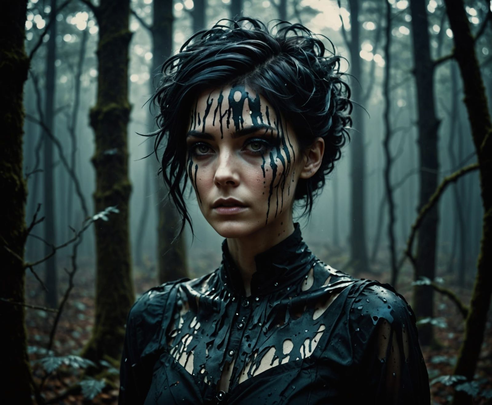 Avant-Garde Woman with Ink Hair in Dark Fantasy Forest