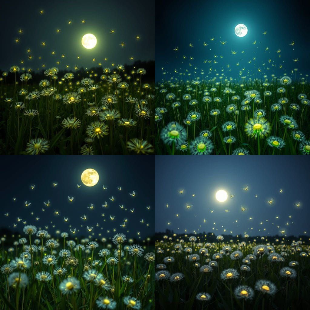 Glowing Dandelion Field Under Full Moon Illuminates Biolumin...