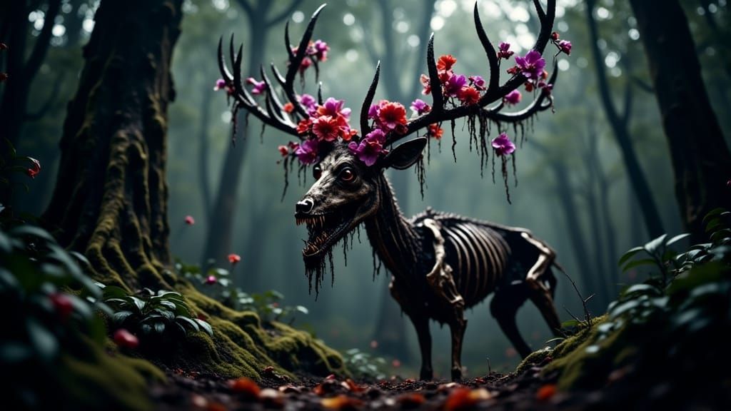 Mystical Deer Skeleton in Gothic Horror Forest