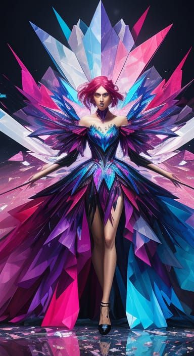 Woman in Shimmering Glass Shard Dress