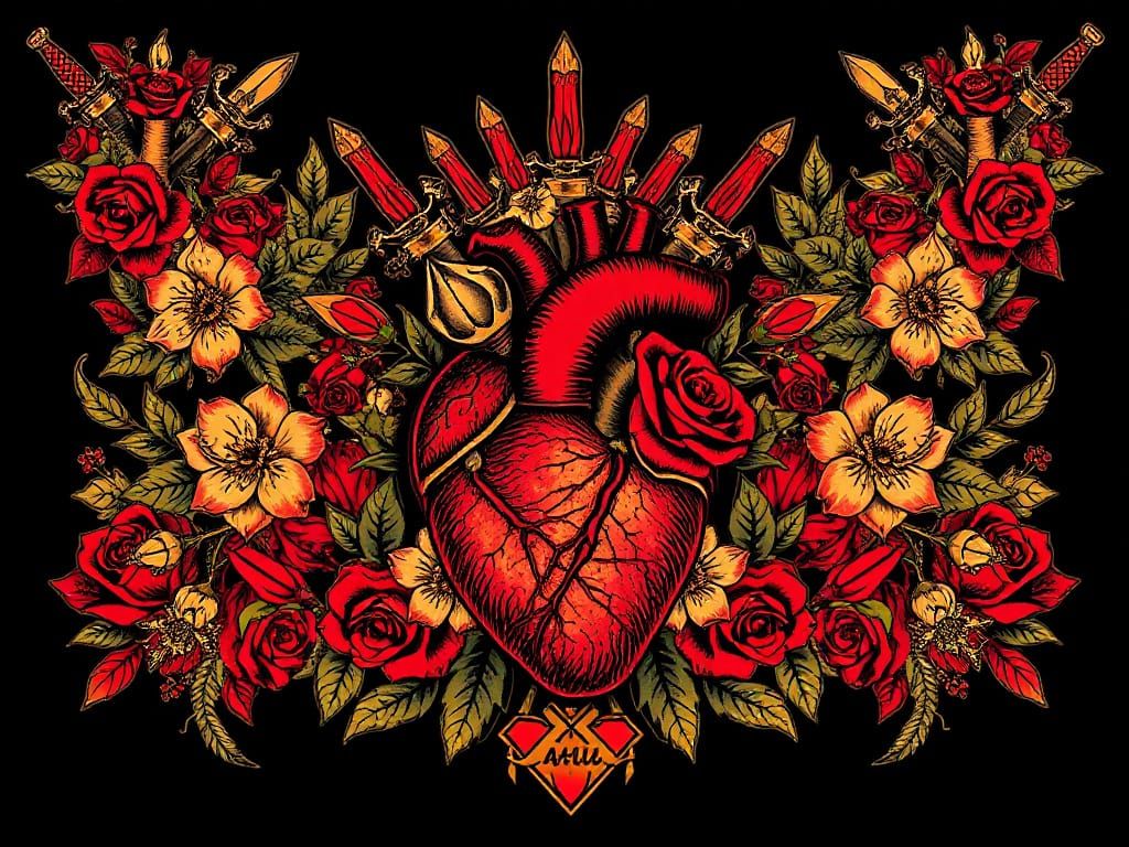 Neo-Traditional Tattoo Design with Hearts, Roses and Daggers