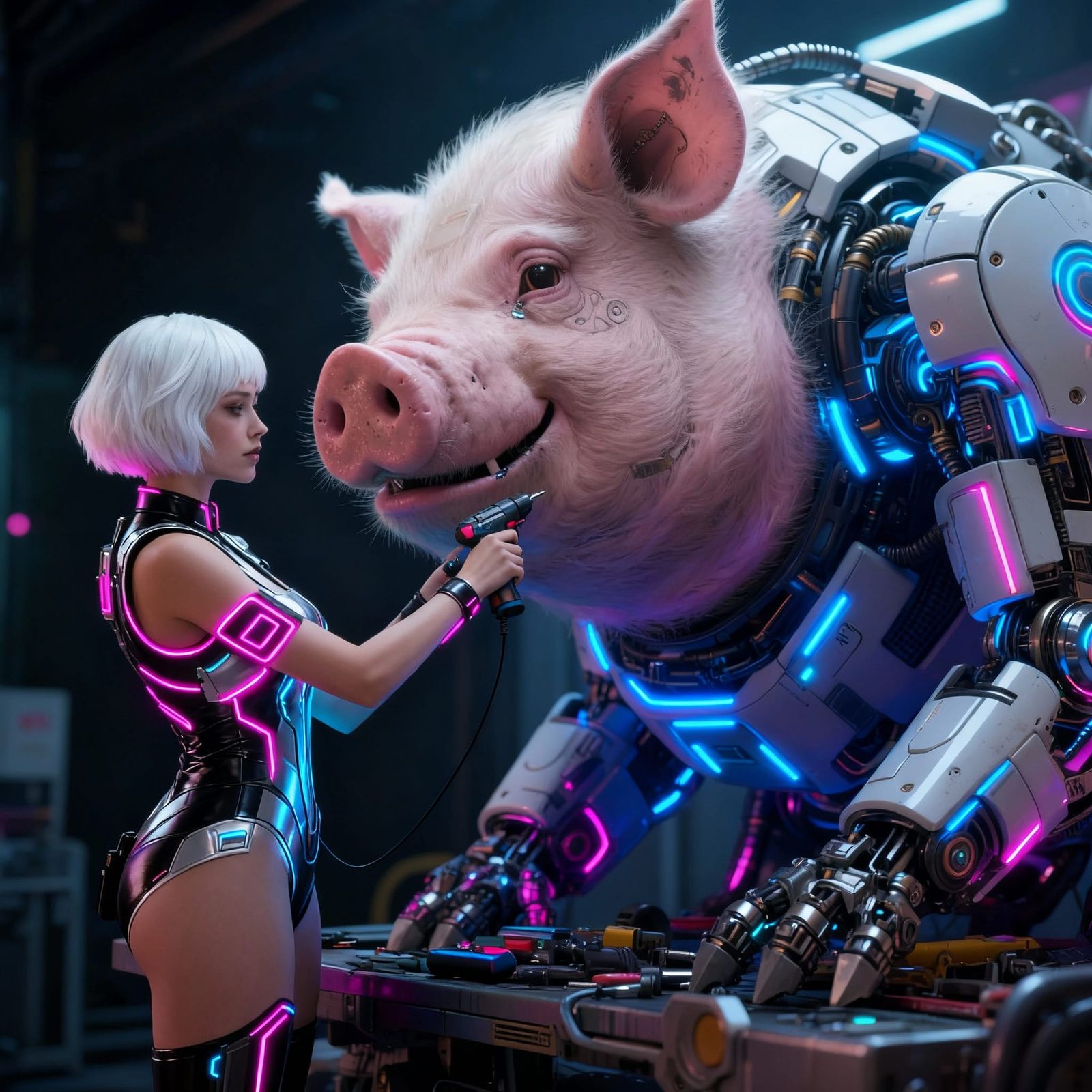 Gamer Girl Repairs Giant Pig Cyborg