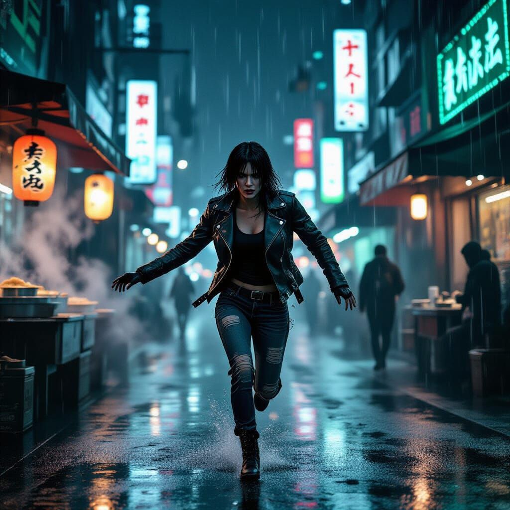 Replicant Runner in Noir Cyberpunk Cityscape