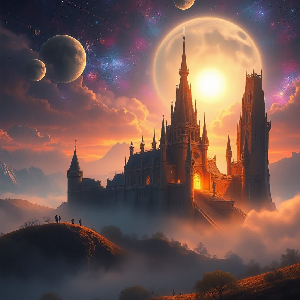 Surreal Cosmic Castle Breaks Dawn in Golden Light