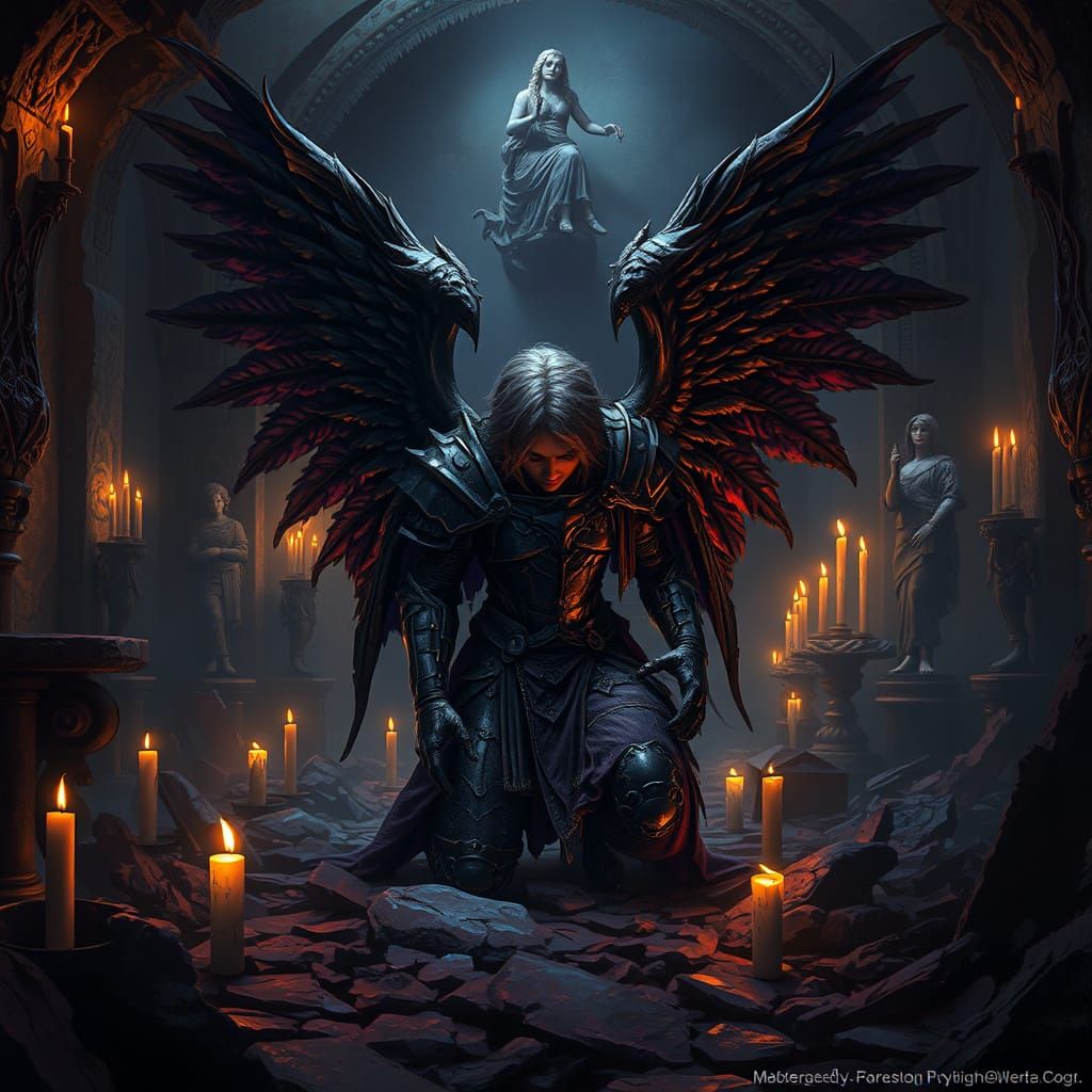 Dark Fantasy Angel in Ancient Crypt, Lit by Flickering Candl...